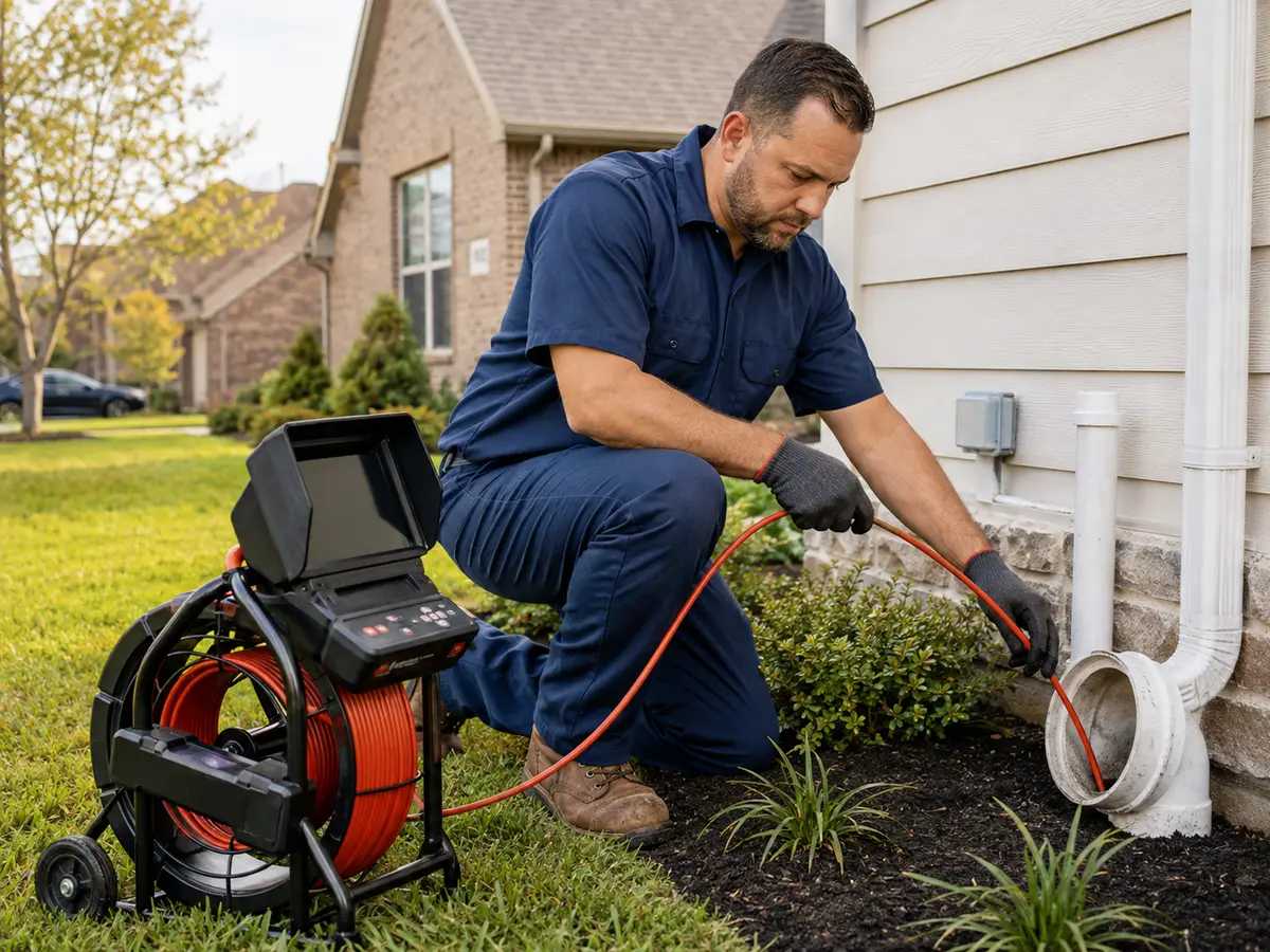 Plumber using a sewer inspection camera outside a Houston home