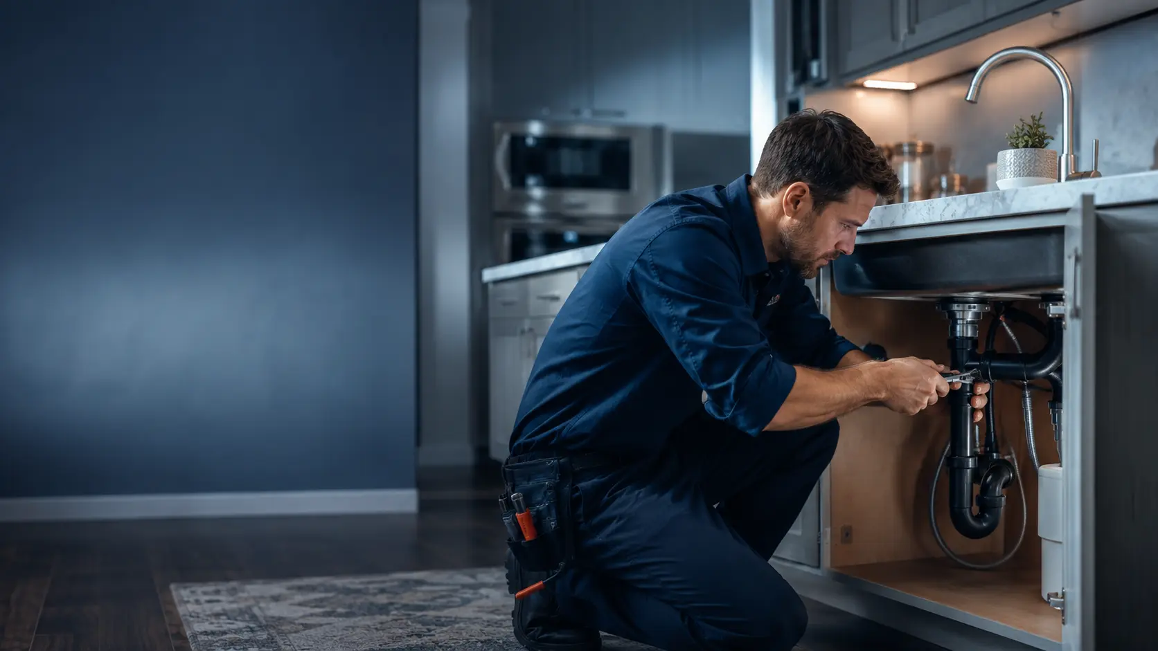 Professional plumber diagnosing a kitchen plumbing issue