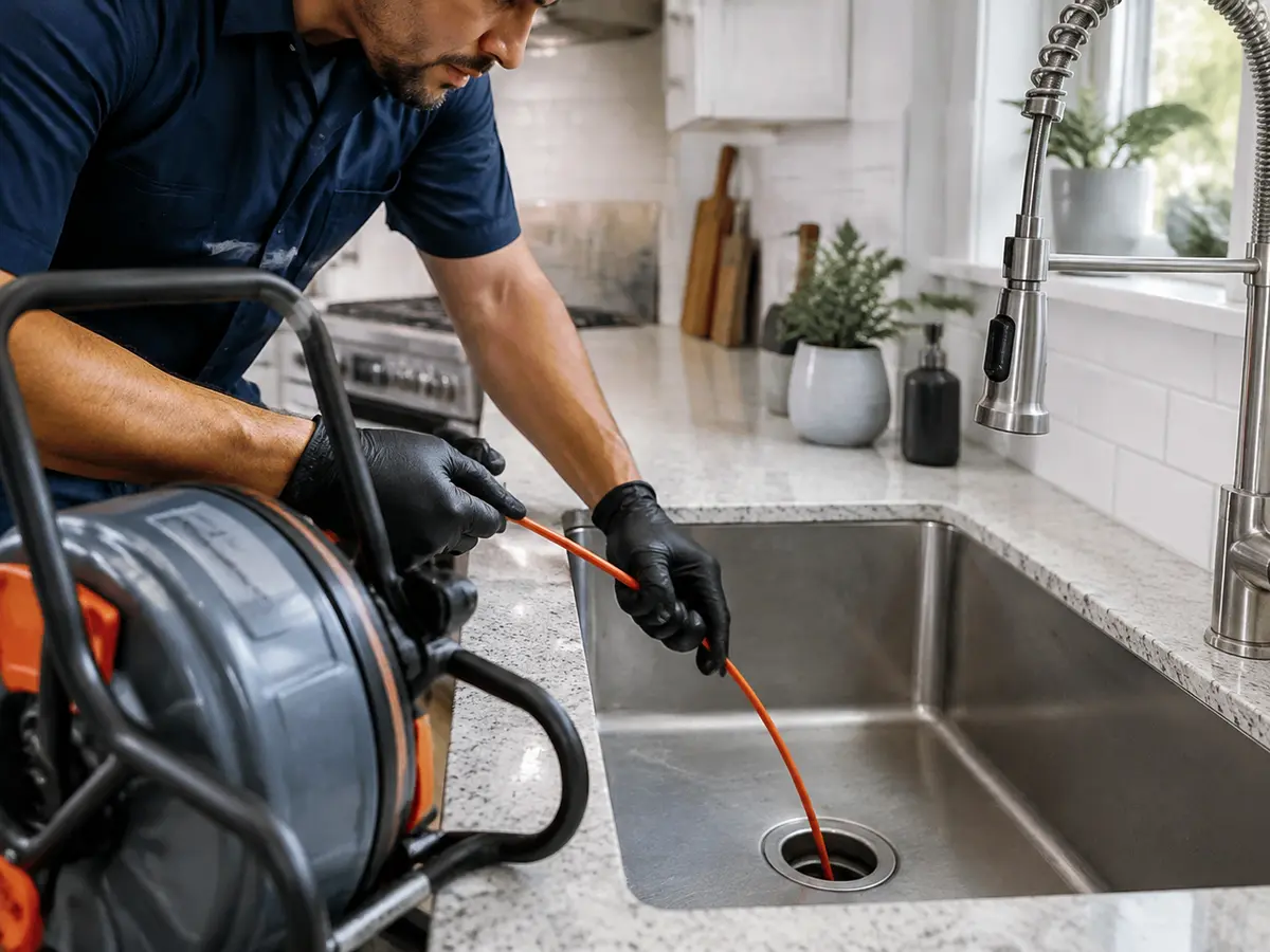 Professional plumber clearing a residential kitchen drain