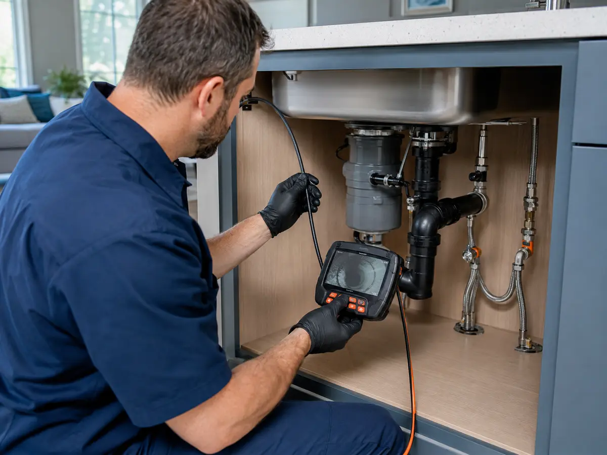 Plumber performing a detailed residential plumbing inspection