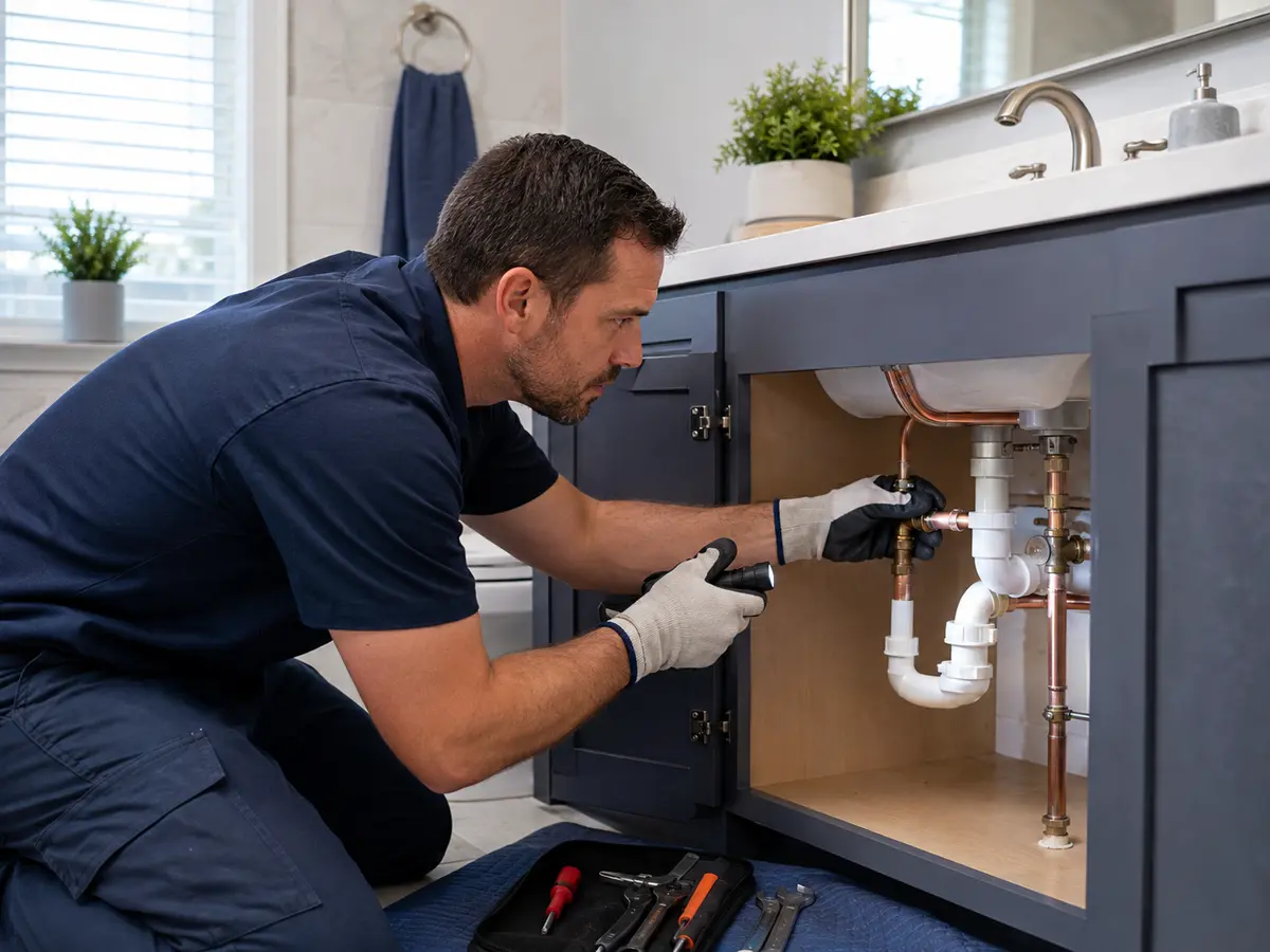 Plumber inspecting residential pipes for a leak