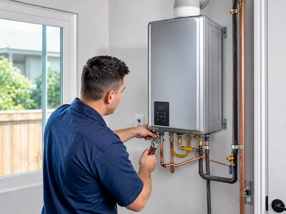 Professional plumber servicing a modern tankless water heater